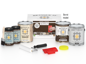 Retique It paint kit with cans, tools, and packaging on a white background