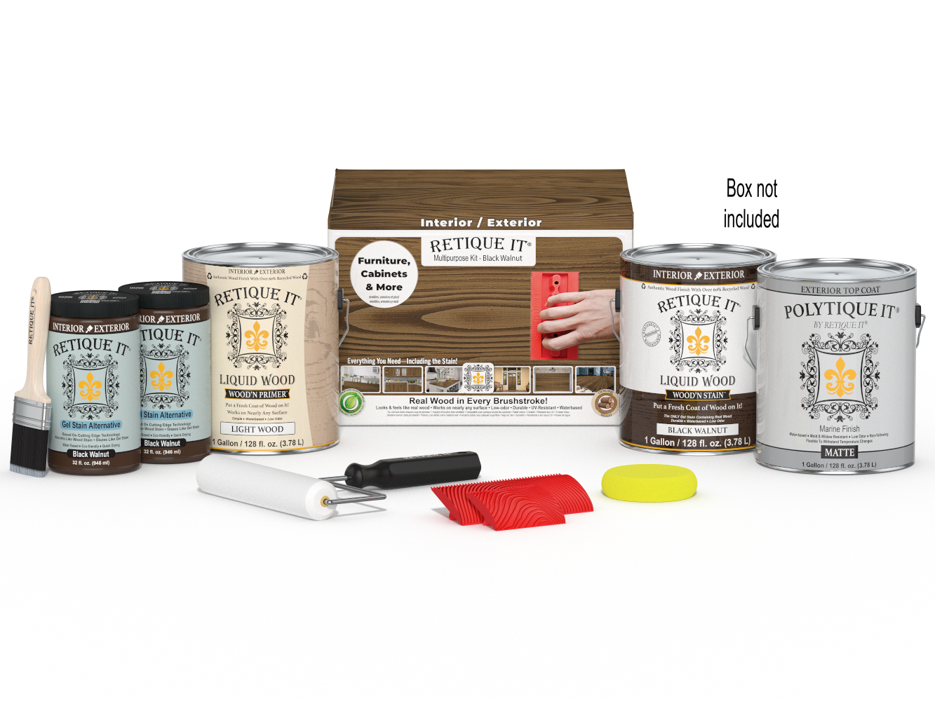 Retique It® Wood'n Kit with four black walnut exterior top coat finish bottles and applicator box for multi-purpose wood finishing.