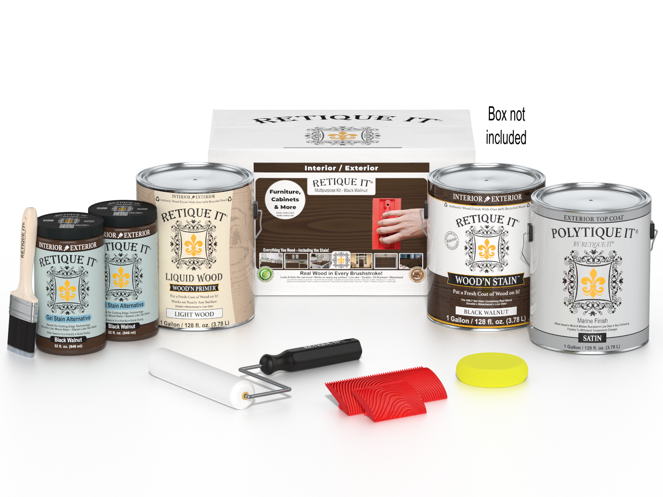 Retique It paint kit with various cans, tools, and a box on a white background
