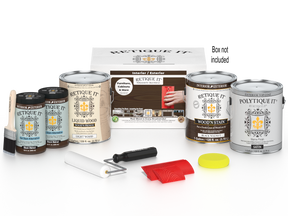 Retique It paint kit with various cans, tools, and a box on a white background