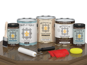 Black Walnut Wood'n Finish Kit by Retique It® with gloss top coat, featuring four large interior wood finishing products on a table.