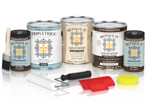 Retique It® Wood'n Kit in black walnut finish with glossy interior top coat, featuring four large containers of wood finish product.