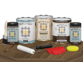 Retique It® Wood'n Finish Kit in black walnut with matte interior top coat, featuring four large wood finish bottles on a table.