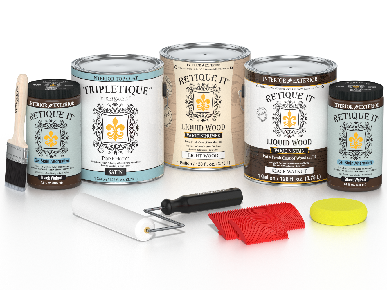 Retique It® Wood'n Kit in black walnut finish with satin top coat, includes four large multi-purpose wood finishing tools.