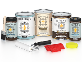 Retique It® Wood'n Kit in black walnut finish with satin top coat, includes four large multi-purpose wood finishing tools.