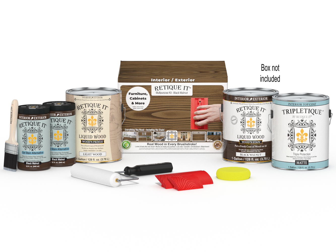 Retique It® Wood'n Kit in black walnut with interior top coat, contains four large wood finish bottles and application tools.