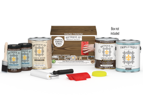 Retique It® Wood'n Kit in black walnut with interior top coat, contains four large wood finish bottles and application tools.