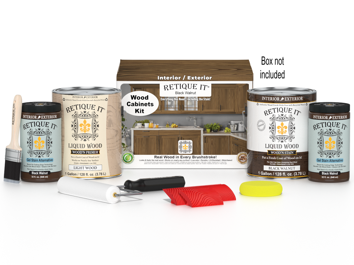 Black Walnut Wood'n Cabinet Kit with 48 grained cabinet doors, stain kit by Retique It® for wood furniture or cabinetry.