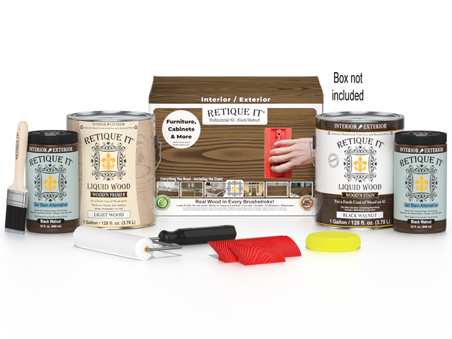 Retique It Wood'n Finish Kit in black walnut with four large containers, designed for multi-purpose wood finishing projects.