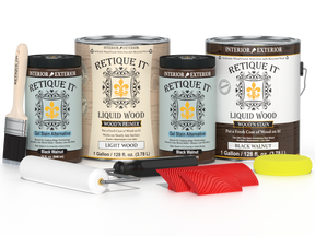 Multi-purpose Wood'n Kit in black walnut finish by Retique It®, featuring four large wood finish bottles for furniture restoration.