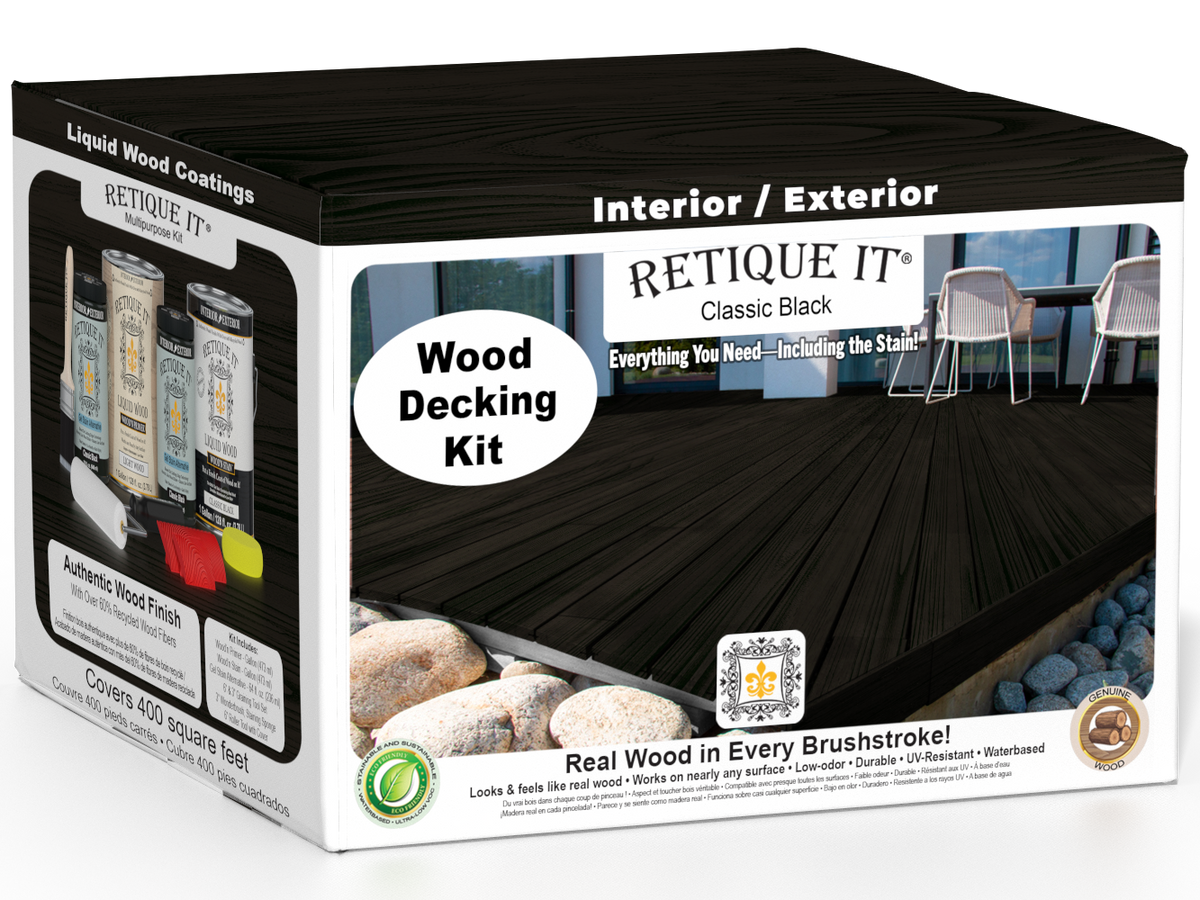 Retique It Decking Wood'n Kit in Classic Black stain, featuring wood planks and staining tools for outdoor decking projects.