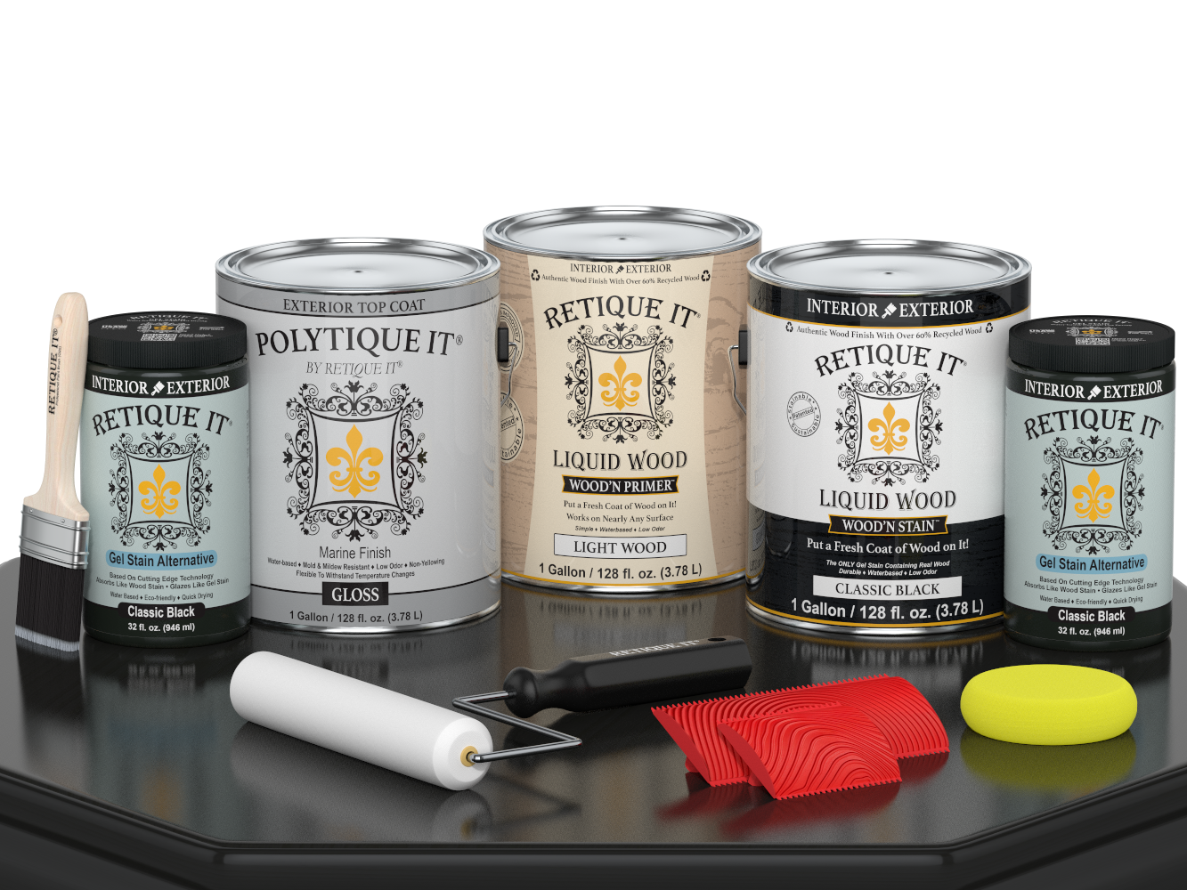 Retique It® Wood'n Finish Kit in classic black, large size, with interior top coat, featuring gloss finish and application tools.
