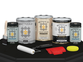 Retique It® Wood'n Finish Kit in Classic Black with four large exterior top coats, matte finish, shown on a wooden table.
