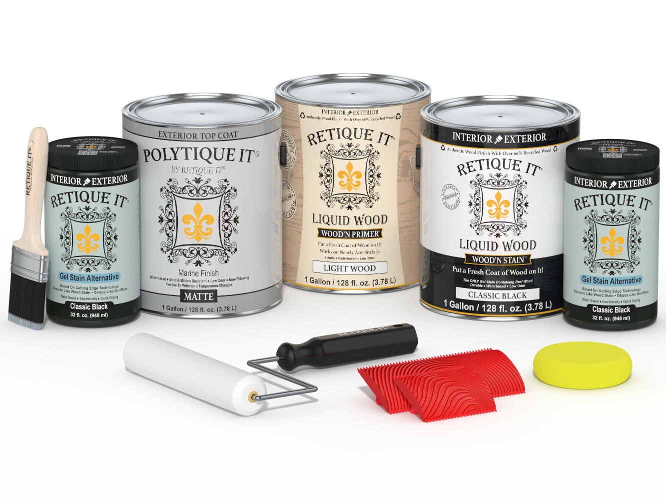Retique It® Wood'n Kit multi-purpose exterior top coat in classic black, featuring four large matte finish wood finish bottles.