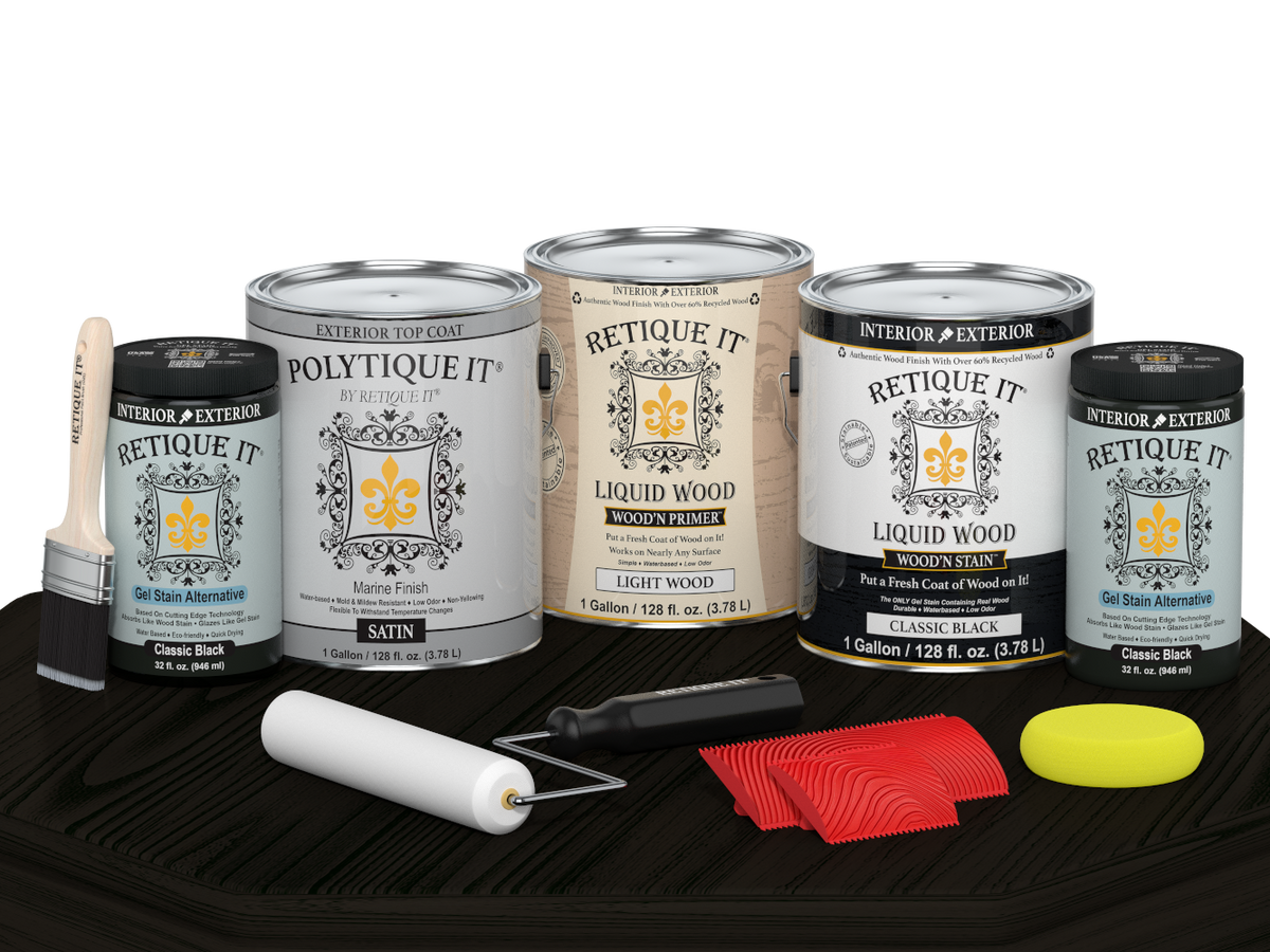 Retique It Decking Wood'n Kit in Classic Black stain, satin finish, displayed on a table with wood decking samples.