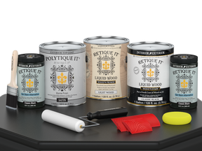 Retique It® Wood'n Kit multi-purpose interior finish with four satin black top coats for wood furniture and surfaces.