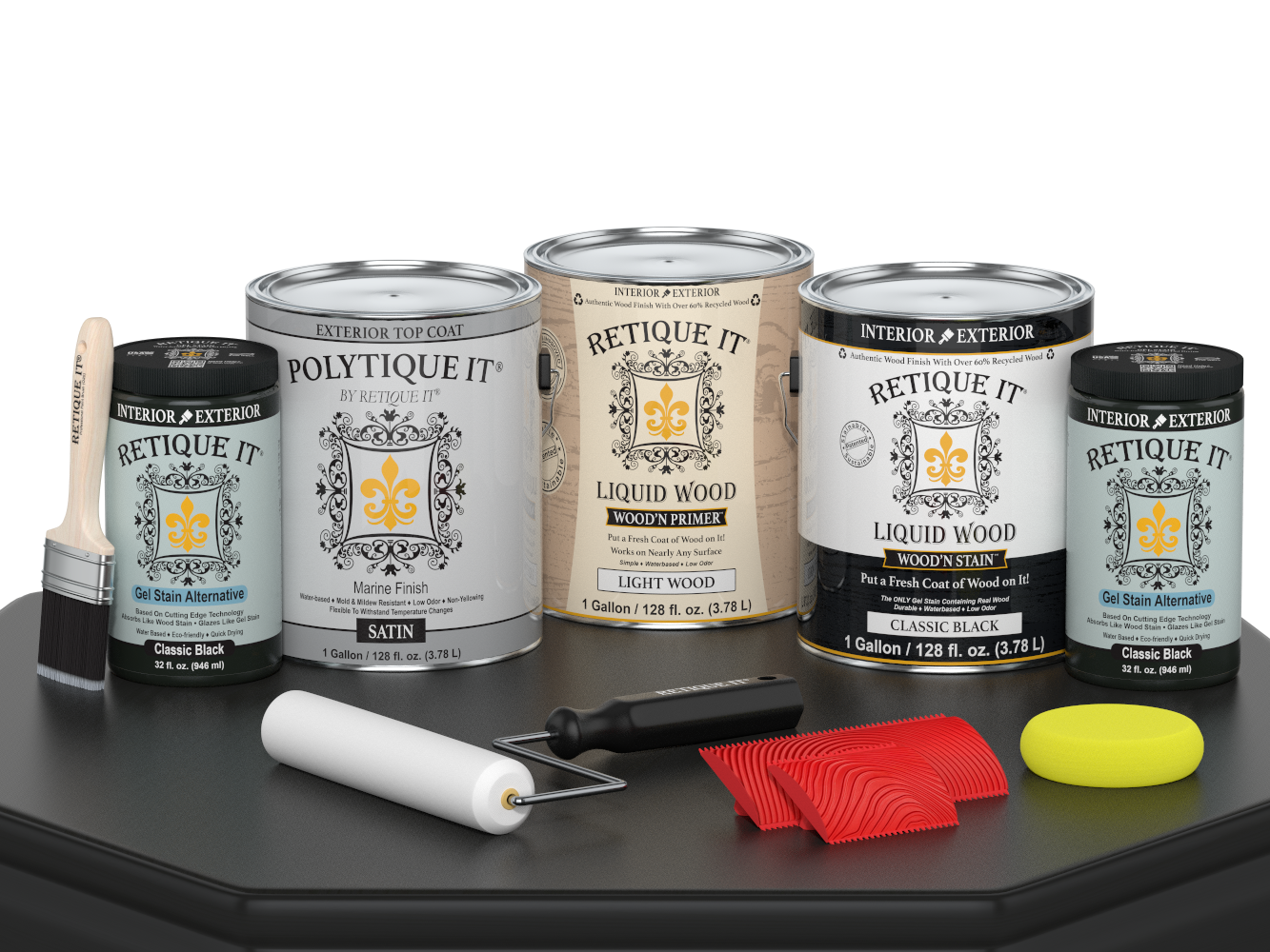 Retique It® Wood'n Kit Multi-purpose exterior top coat in classic black, satin finish, shown on a wooden table surface.