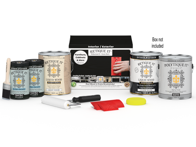 Retique It Wood'n Kit in classic black with four large exterior top coat containers and applicator brushes for wood finishing.