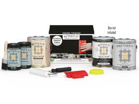 Retique It® Wood'n Finish Kit in classic black, exterior top coat, includes four large containers with application tools and instructions.