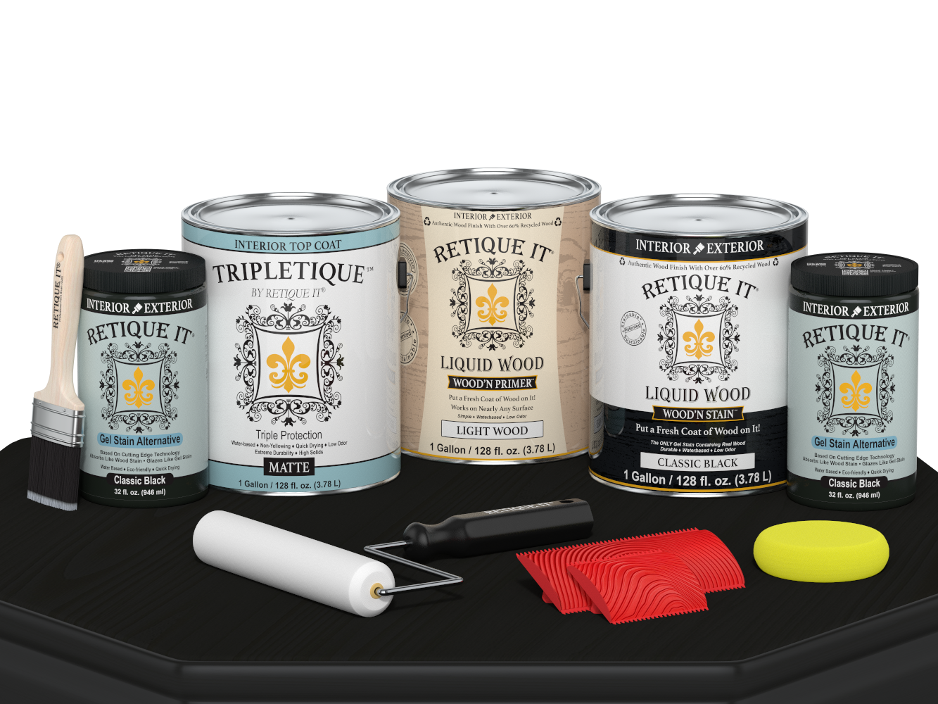 Retique It® Wood'n Kit Multi-purpose interior top coat in classic black, shown with matte finish on wood surface.