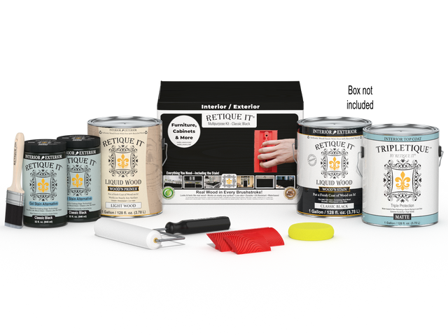 Retique It Wood'n Finish Kit in classic black, includes four large interior top coat bottles with packaging visible.