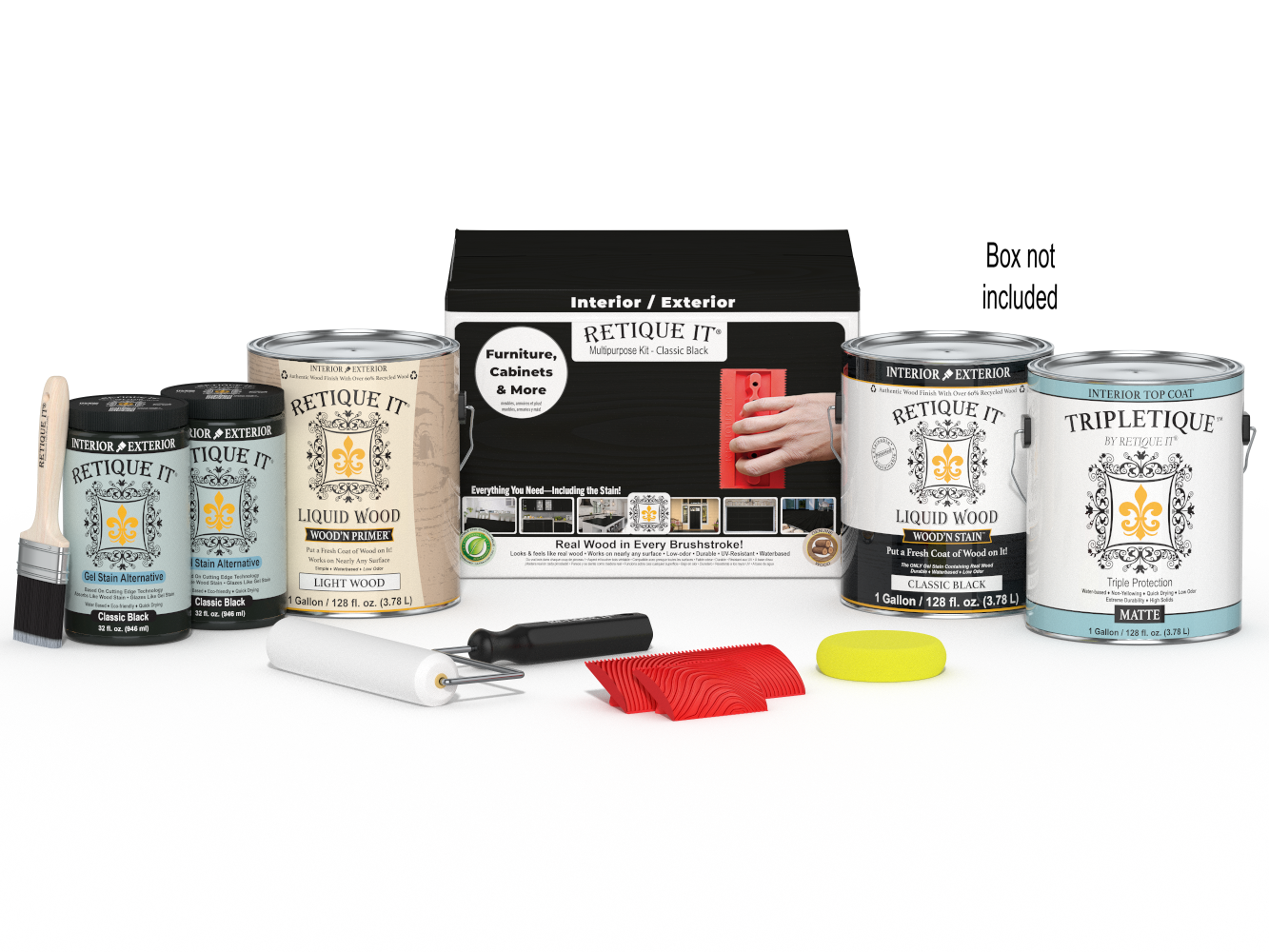 Retique It® Wood'n Finish Kit in classic black with four large interior top coat bottles and applicator brushes.
