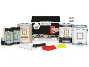 Retique It® Wood'n Finish Kit in classic black with four large interior top coat bottles and applicator brushes.