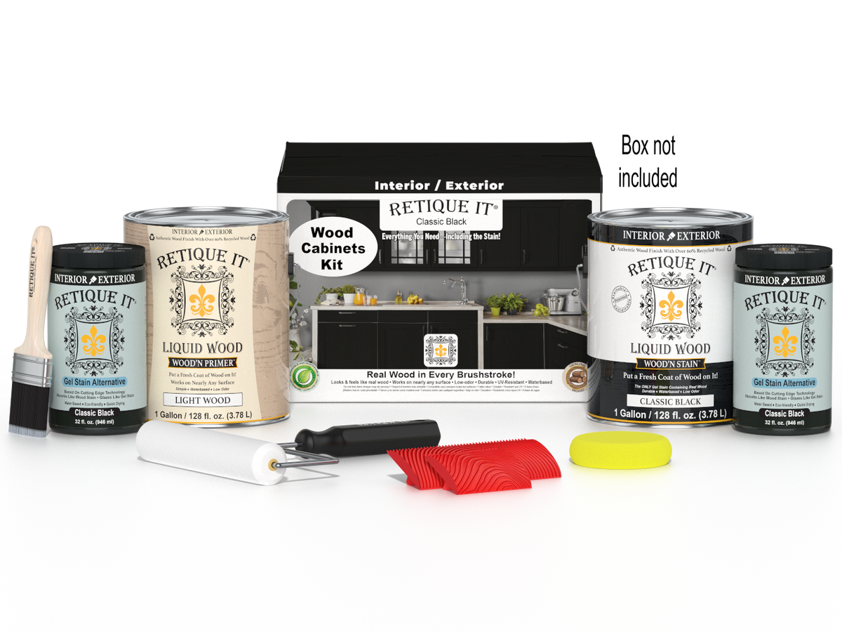 Retique It® Wood'n Cabinet Kit in classic black with 48 grained cabinet doors, stain kit for wood furniture and cabinetry.