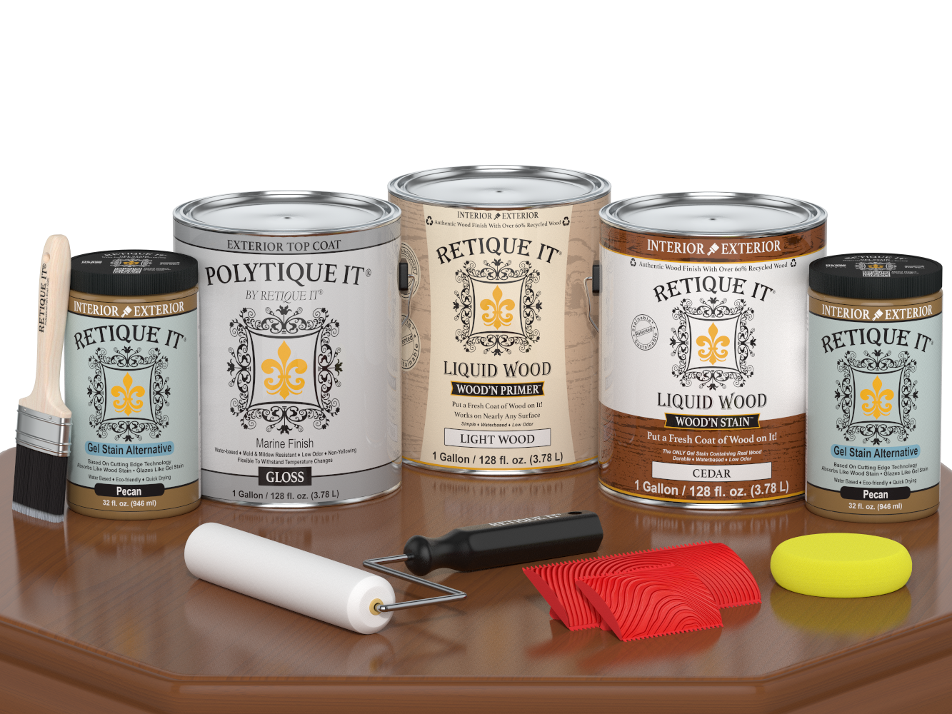Retique It® Wood'n Finish Kit in cedar, exterior top coat, with four large containers, glossy finish, shown on a table.
