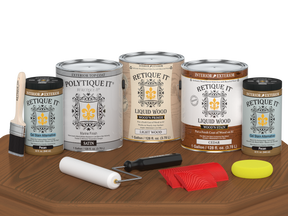 Retique It® Cedar Decking Wood'n Kit stain swatch on table showing satin finish for cedar wood decking projects.