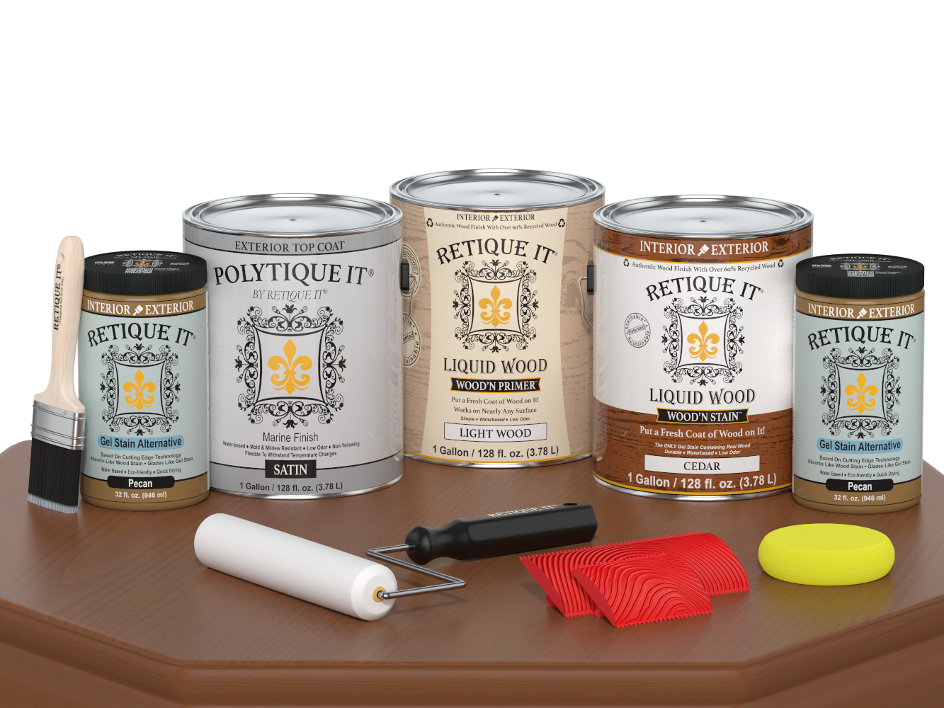 Retique It® Wood'n Finish Kit Cedar exterior top coat, showing a satin-finish wood surface with application tools and product packaging.