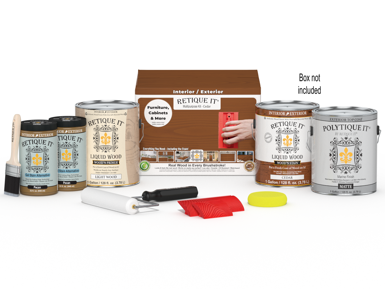 Retique It® Wood'n Finish Kit Cedar exterior top coat with four large containers and applicator tools in a box for wood finishing.