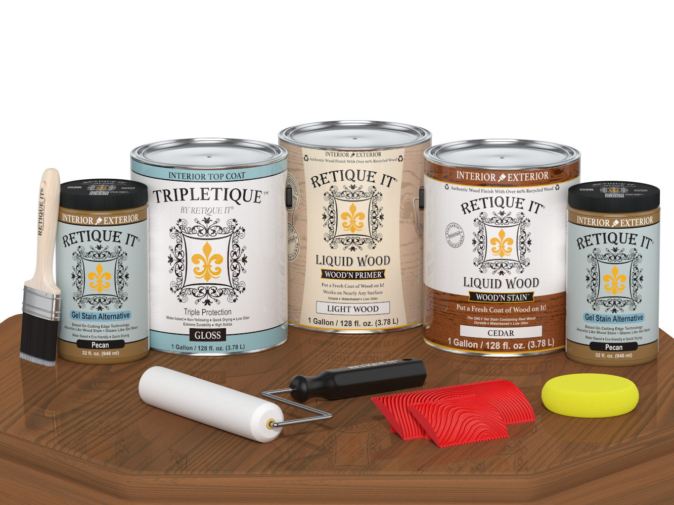 Retique It® Wood'n Cabinet Kit with 48 cedar grained doors, featuring glossy stain finish on a table surface.