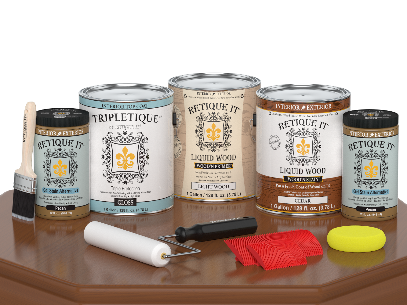 Retique It® Wood'n Finish Kit Cedar interior top coat set with four large bottles, designed for wood polishing and finishing.