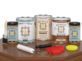 Retique It® Wood'n Finish Kit Cedar interior top coat set with four large bottles, designed for wood polishing and finishing.