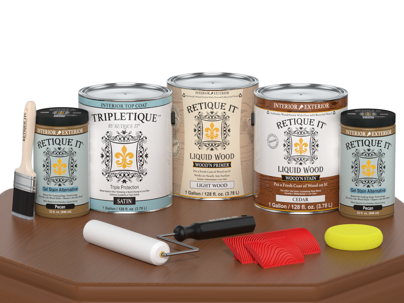 Retique It® Wood'n Finish Kit in cedar with satin top coat, featuring four large interior wood finishing products.