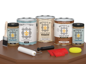 Retique It® Wood'n Finish Kit in cedar with satin top coat, featuring four large interior wood finishing products.