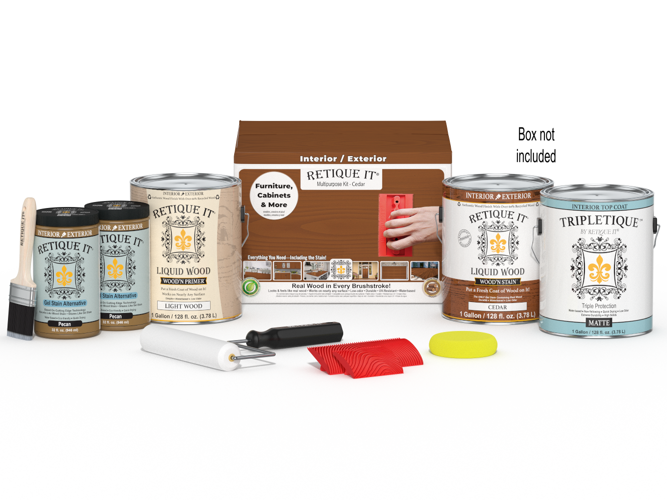 Retique It® Wood'n Finish Kit with four large cedar-colored interior top coat bottles and applicator tray.
