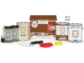 Retique It® Wood'n Finish Kit with four large cedar-colored interior top coat bottles and applicator tray.