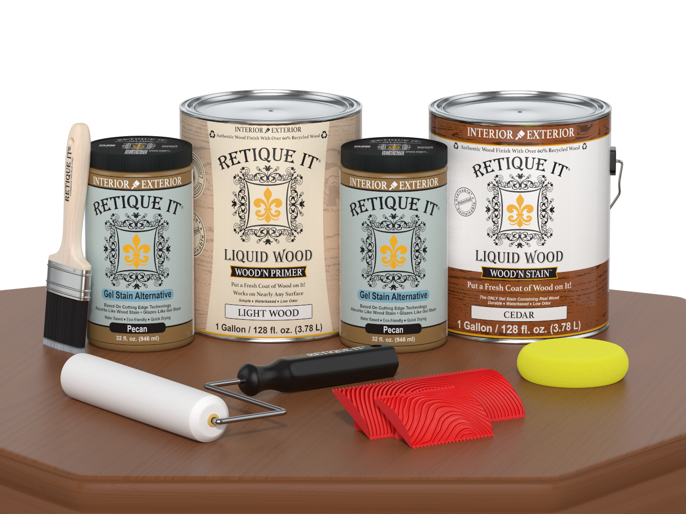 Retique It® Wood'n Kit Cedar finish with four large wood finishing tools, ideal for multi-purpose wood projects.