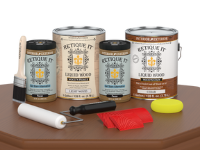 Retique It® Wood'n Kit Cedar finish with four large wood finishing tools, ideal for multi-purpose wood projects.