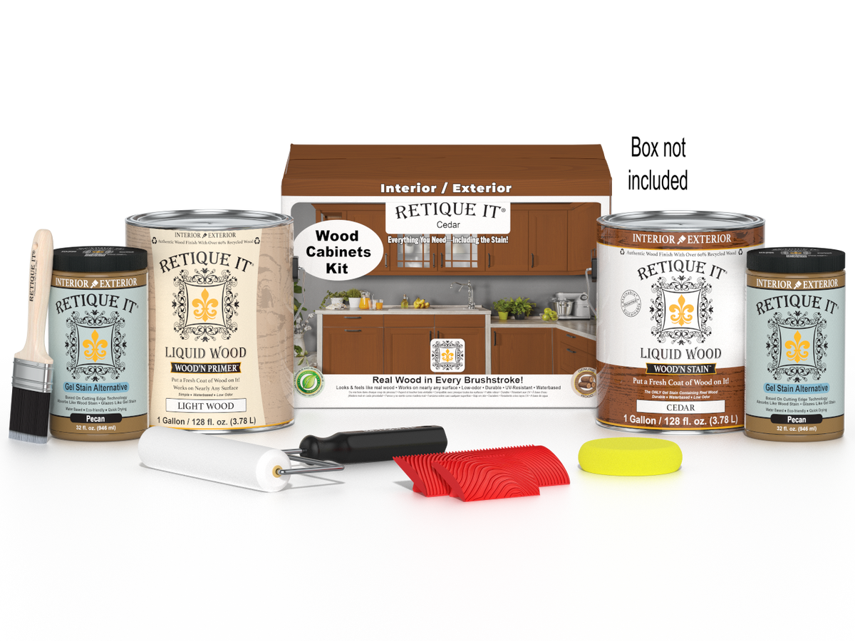 Retique It® Wood'n Cabinet Kit with 48 cedar grained stain doors, shown in a box with assembled cabinets.