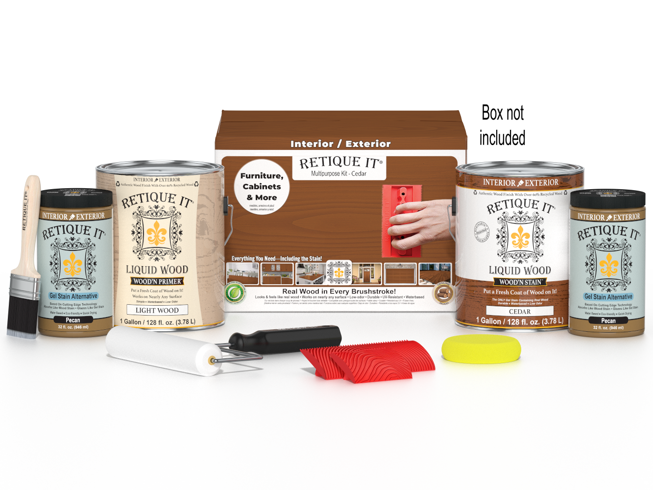 Cedar-colored Multi-purpose Wood'n Kit by Retique It® with four large wood finish bottles and application tools in a box