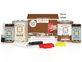Cedar-colored Multi-purpose Wood'n Kit by Retique It® with four large wood finish bottles and application tools in a box