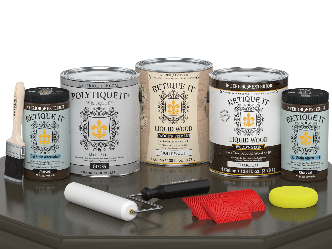 Retique It® Wood'n Finish Kit in Charcoal, outdoor exterior top coat, showing four large containers with glossy wood finish product.