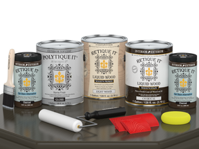 Retique It® Wood'n Finish Kit in Charcoal, outdoor exterior top coat, showing four large containers with glossy wood finish product.