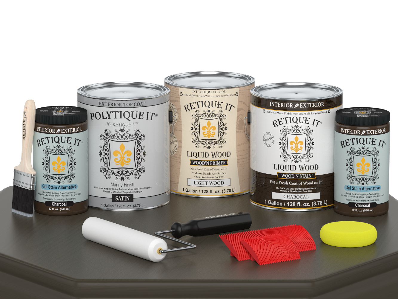Retique It® Wood'n Kit with four large charcoal exterior top coat containers, satin finish for wood exterior surfaces.