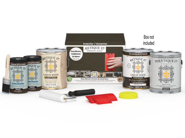 Retique It Wood'n Finish Kit in charcoal, large exterior top coat set with applicator brushes and instructions for wood finishing.