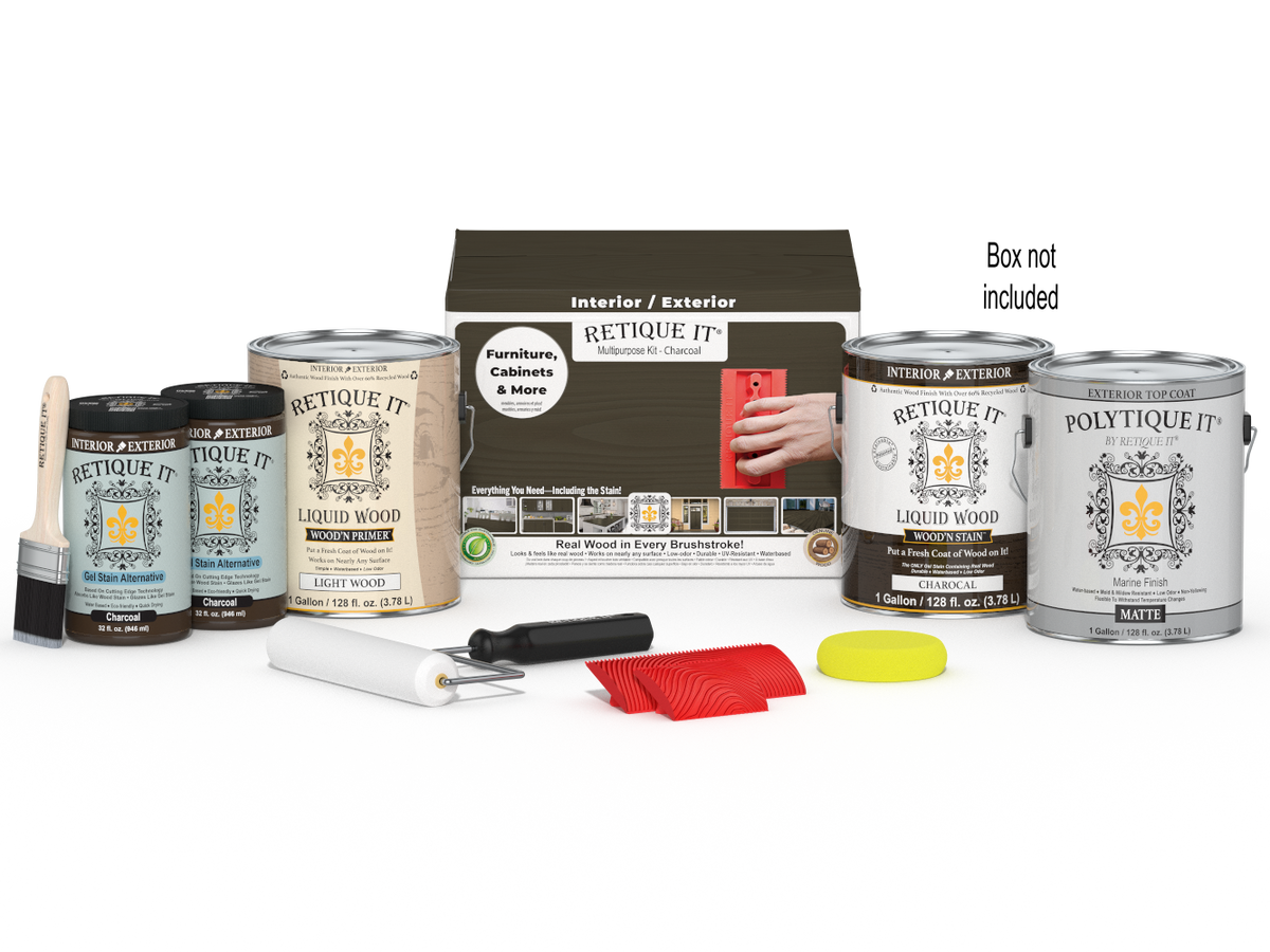 Retique It® Wood'n Finish Kit with four large charcoal exterior top coat bottles and applicator brushes in a box.