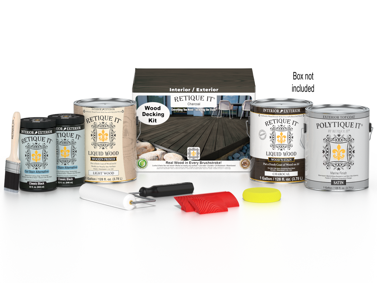 Retique It Decking Wood'n Kit in Charcoal stain showing a box with decking wood stain product and sample swatches.